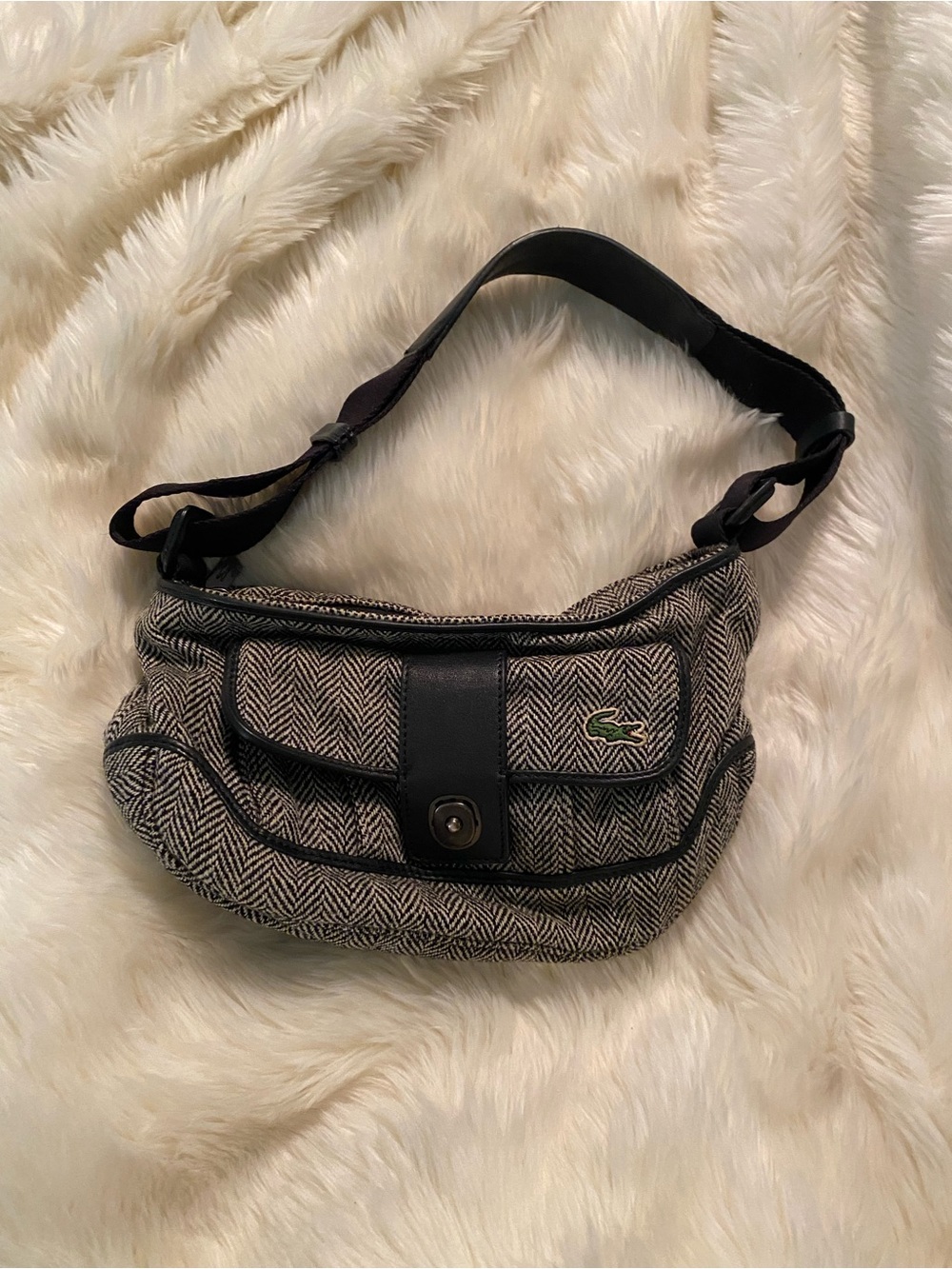 Lacoste Black & White Herringbone Crossbody Bag with Green Croc
